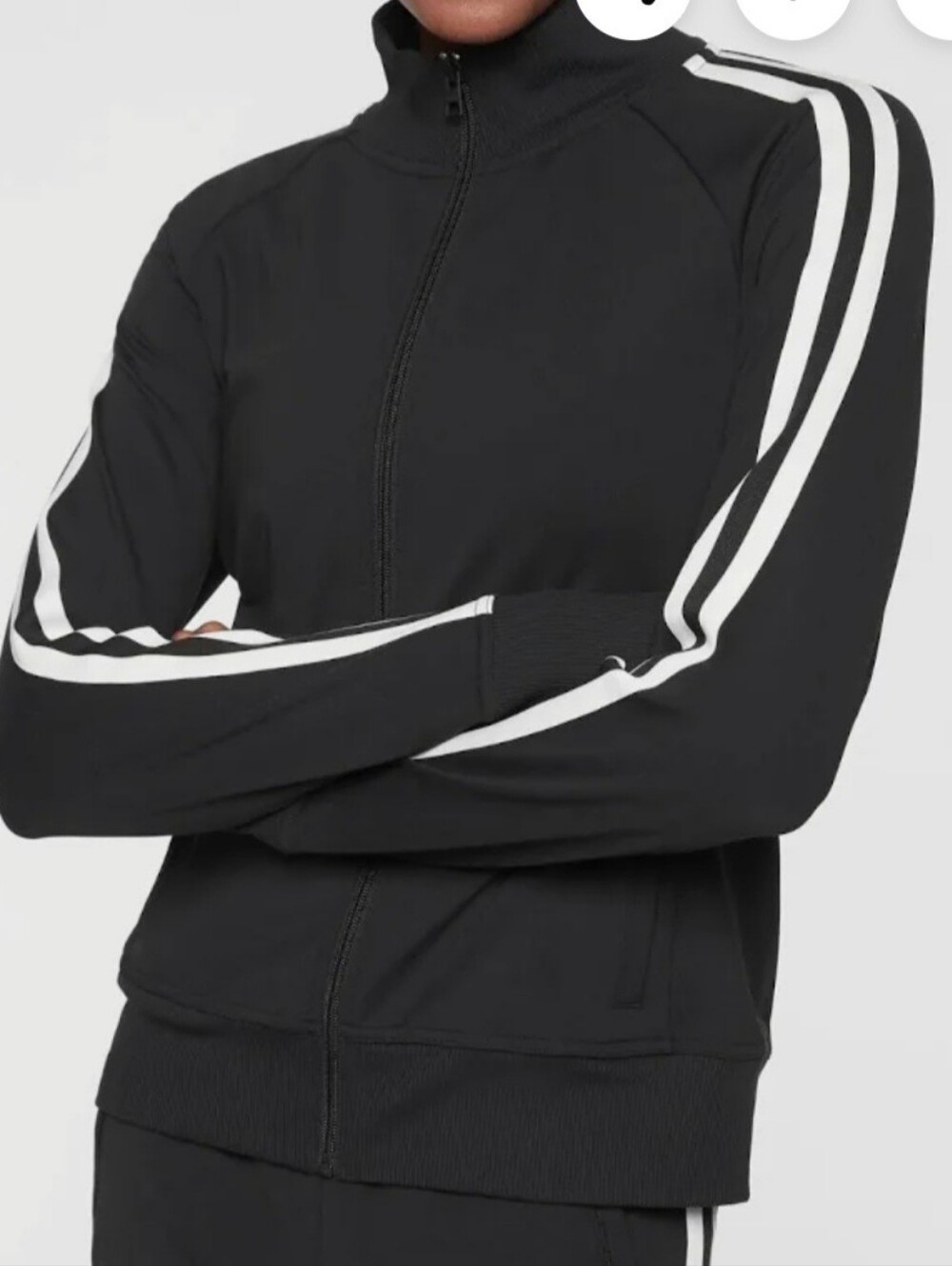 Athleta Circa Track Jacket Black with White Sleeve Stripes
